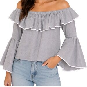She + Sky Women Blue Striped Off Shoulder Ruffle Bell Sleeve Top Small Boho Chic